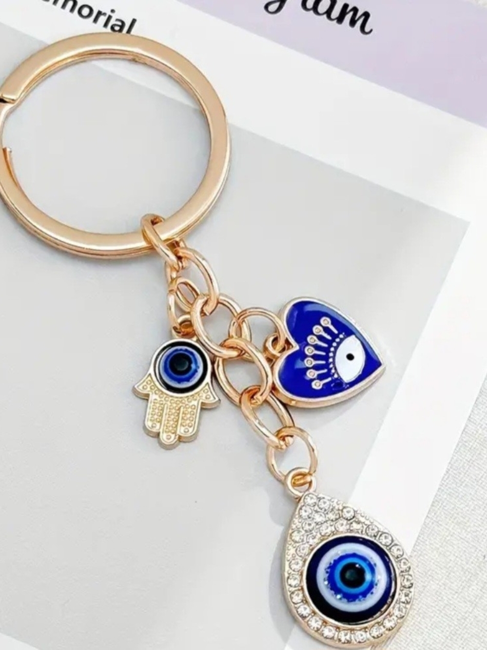 Evil Eye Charm Keychain with Hamsa and Heart Accent - Blue